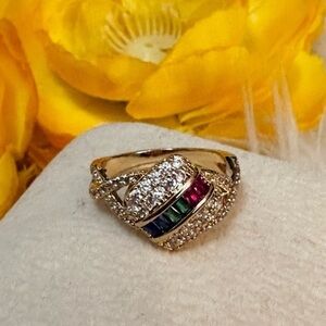 Multi Color Rainbow Gemstone Gold Ring With Simulate Diamond Accent NEW!